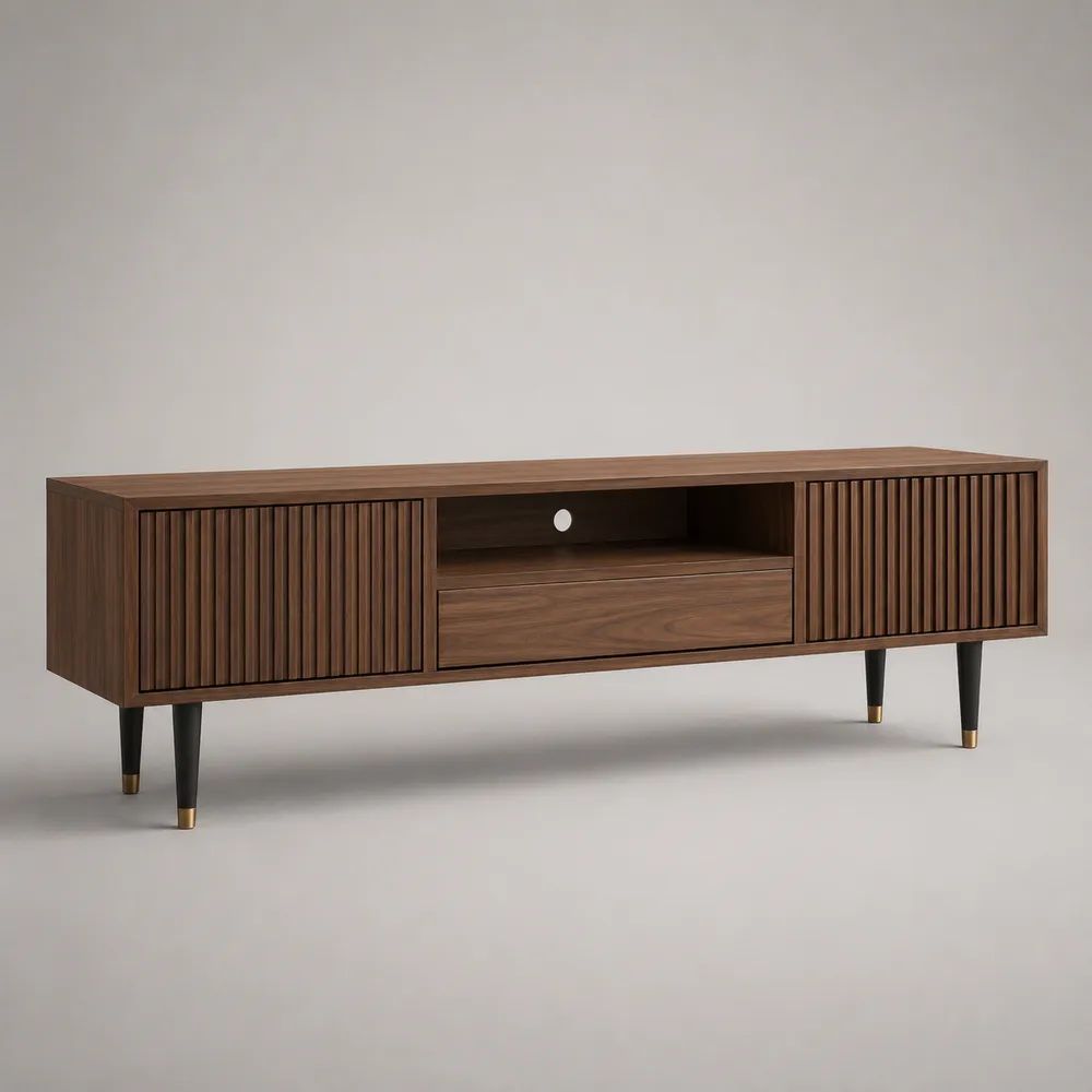 TV-Lowboard mit Lamellentüren und Schublade aus MDF mit Walnussfurnier, Walnussbraun/Schwarz/Messingfarben, 180 × 40 × 60 cm