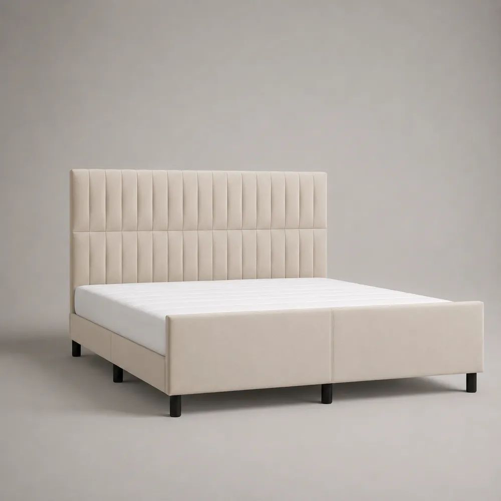 Polsterbett Doppelbett mit Lattenrost, Stoffbezug und Metallbeinen, Cremeweiß/Schwarz, Liegefläche 160 × 200 cm, Gesamtmaß 214 × 168 × 120 cm