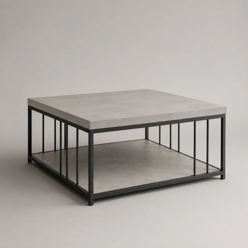 Quadratischer Couchtisch mit Ablage, MDF in Betonoptik und schwarzem Stahlgestell, 80 × 80 × 45 cm