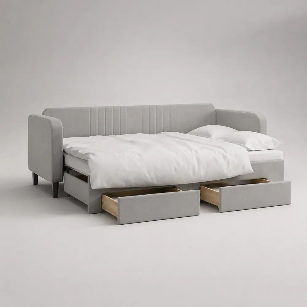 Graues Schlafsofa mit Ausziehbett und 3 Schubladen, Polyesterbezug, 218 × 98–188 × 88 cm, Liegefläche 90–180 × 200 cm
