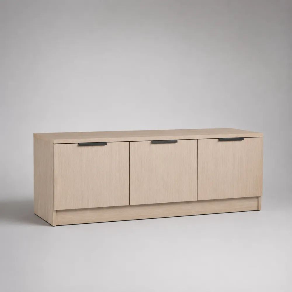 TV-Lowboard mit 3 Türen aus melaminbeschichteter Spanplatte, Eiche hell/Schwarz, 160 × 40 × 65 cm