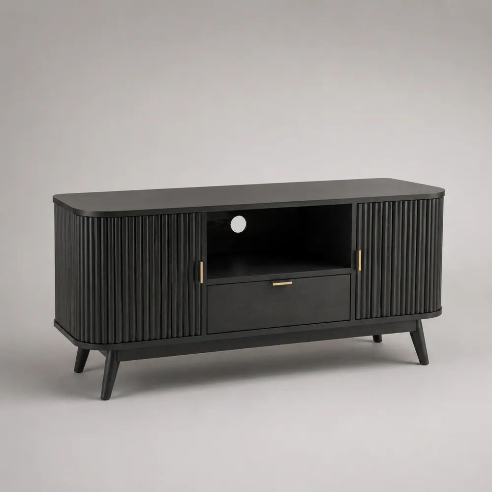 TV-Lowboard aus MDF in Schwarz mit 2 Lamellentüren und Schublade, 140 × 40 × 75 cm