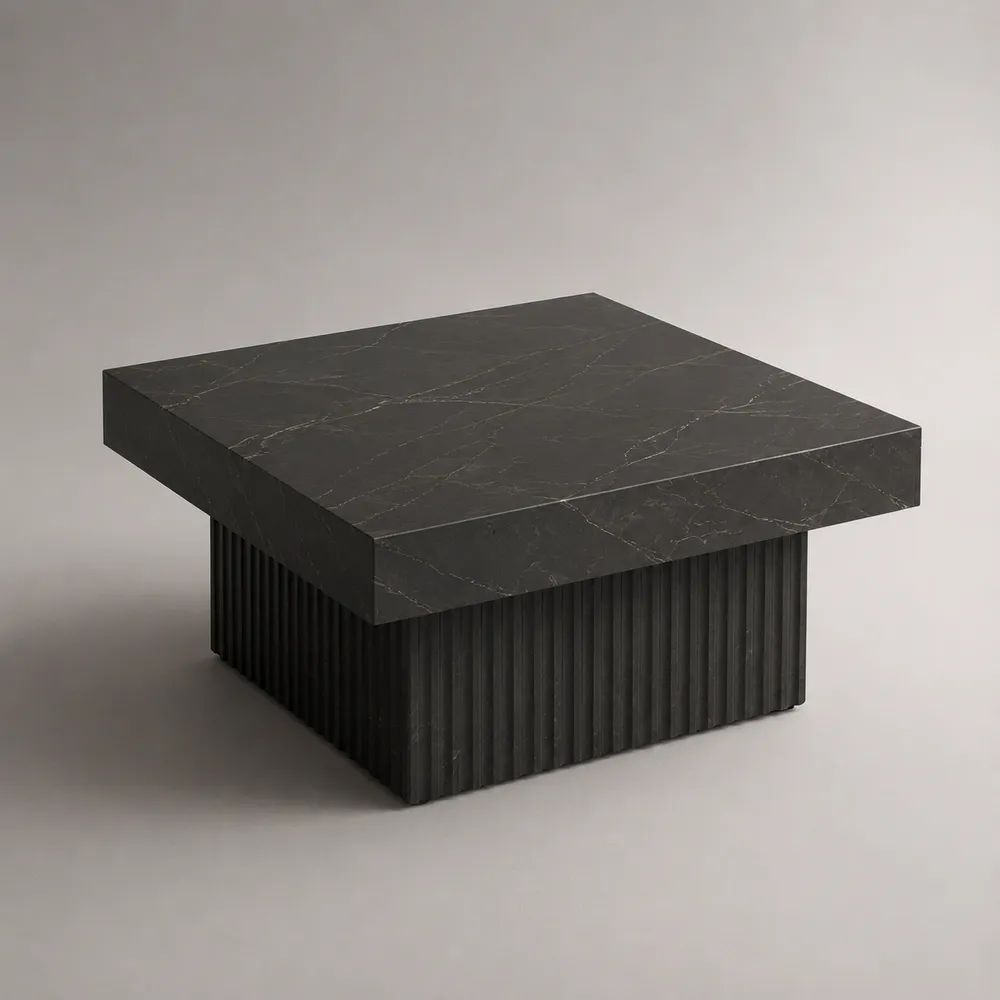Quadratischer Couchtisch aus MDF mit Melaminharzfolie in schwarzer Marmoroptik, 80 × 80 × 40 cm