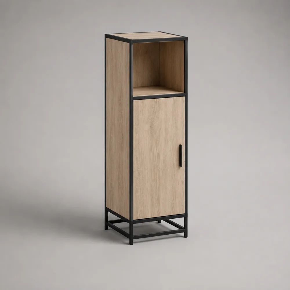 Rechteckiger Badezimmer-Hochschrank aus MDF und Stahl mit Tür und offenem Fach, Eiche Natur/Schwarz, 35 × 30 × 110 cm