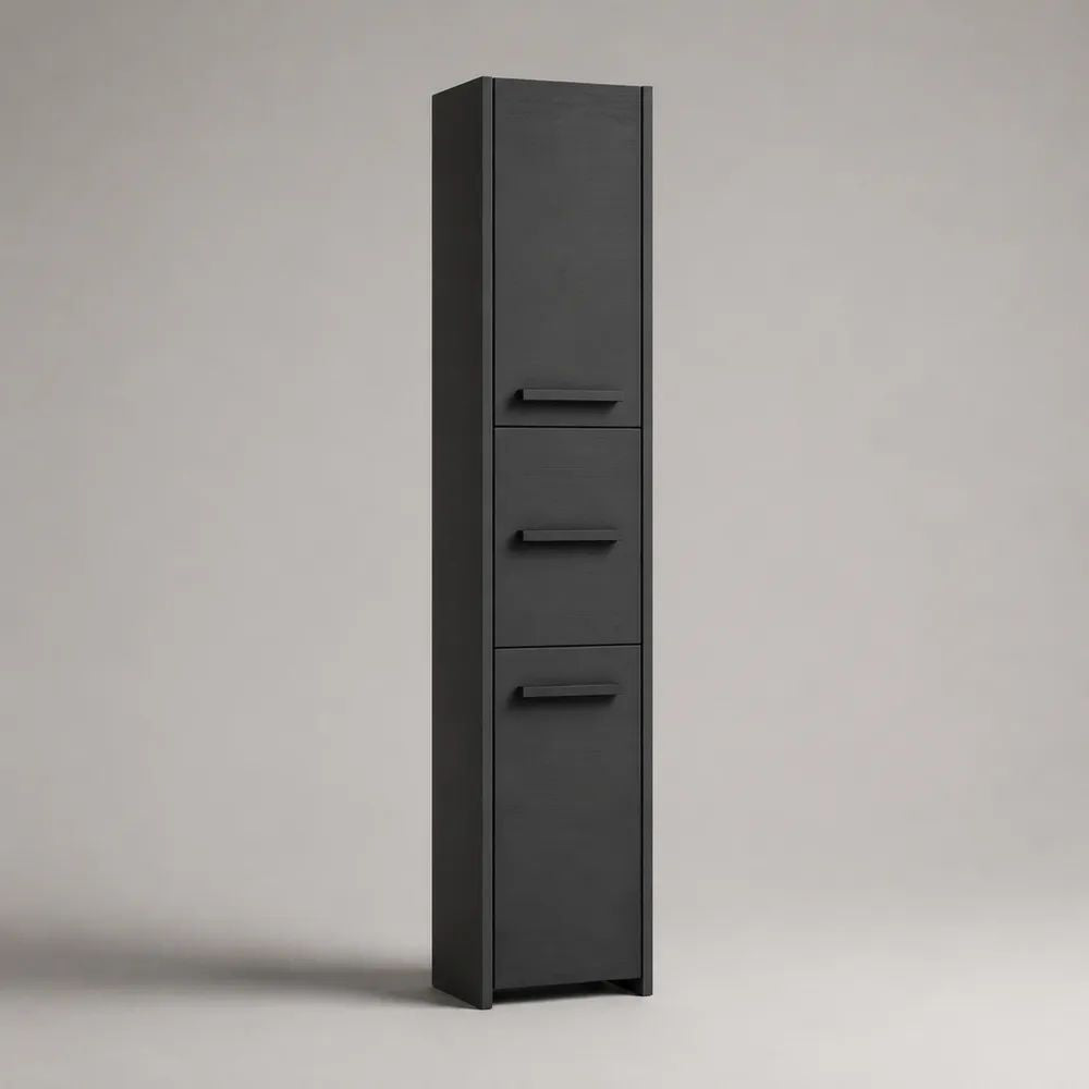 Badezimmer-Hochschrank mit 3 Türen aus melaminbeschichteter Spanplatte, Schwarz, 30 × 30 × 180 cm