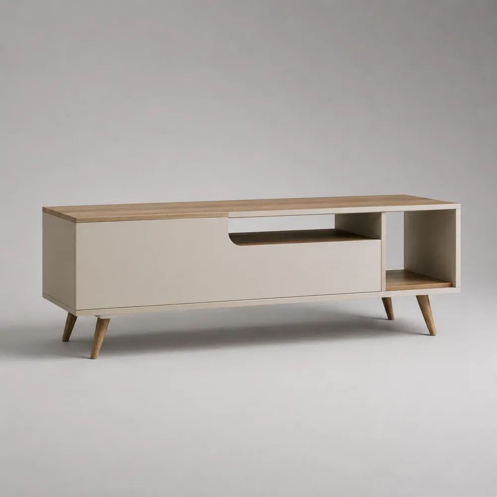TV-Lowboard aus MDF und Gummibaum-Massivholz mit Klappe und offenen Fächern, Greige/Natur, 140 × 40 × 55 cm