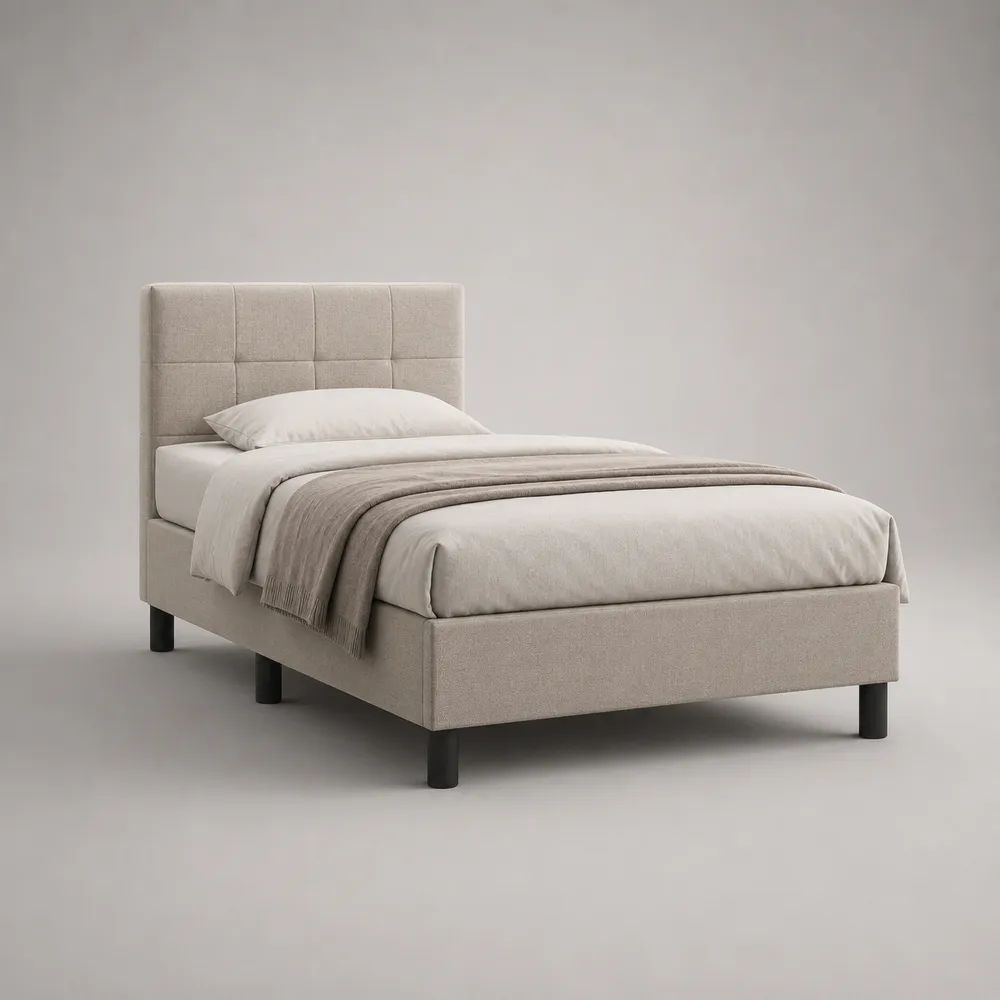 Polsterbett Einzelbett mit Lattenrost und gestepptem Kopfteil, Polyesterbezug, Beige/Schwarz, Liegefläche 90 × 200 cm