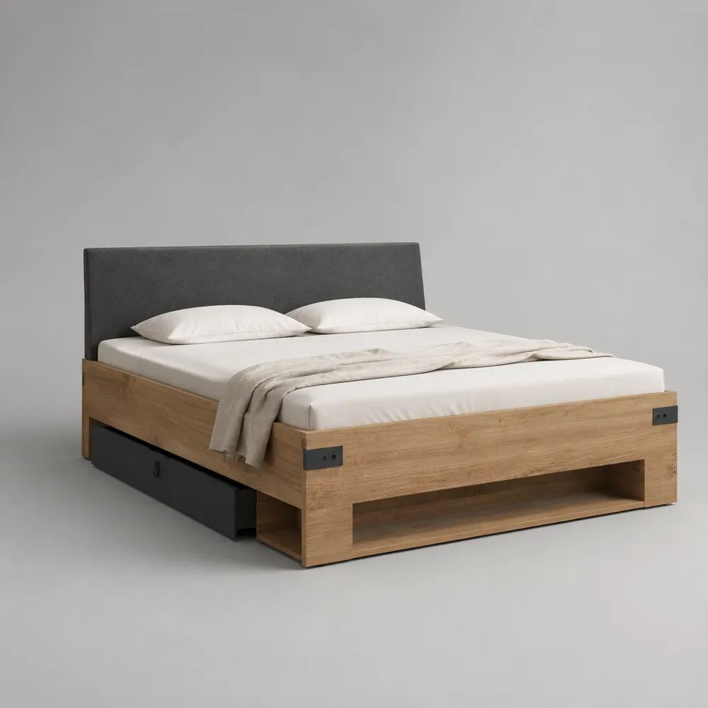 Doppelbett mit Schublade, Polsterkopfteil und Ablagefach, Spanplatte mit Eichenfurnier und Polyester, Naturbraun/Dunkelgrau/Schwarz, 180 × 200 cm