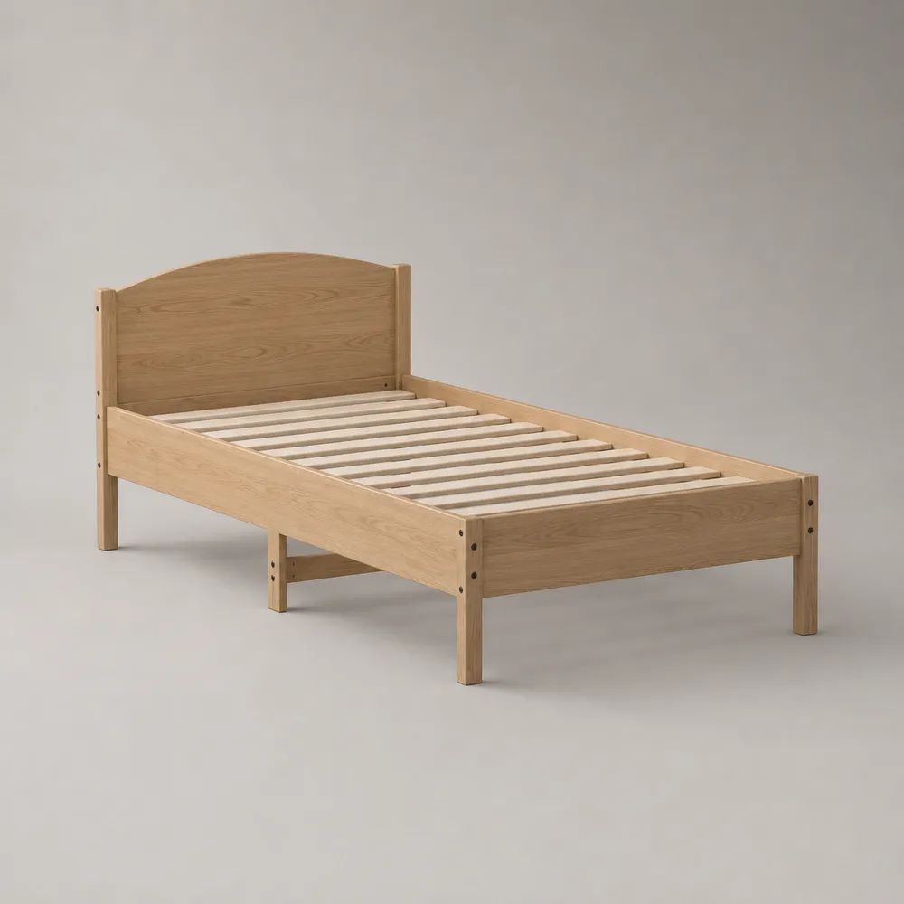 Einzelbett aus Holz mit Lattenrost, Liegefläche 90 × 200 cm, Massivholz und Eichenfurnier, Natur