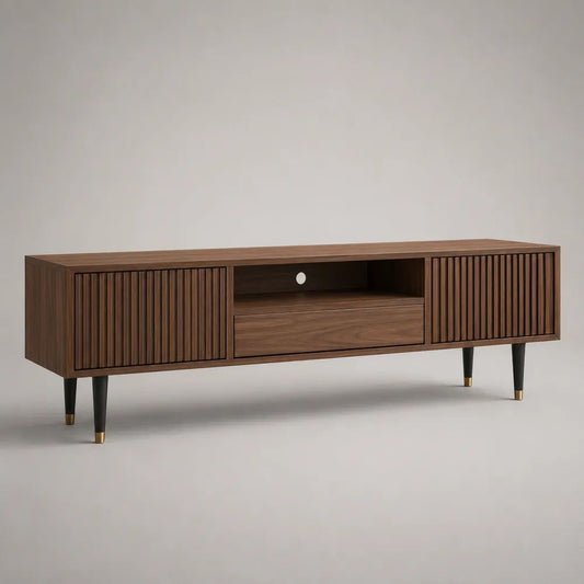 TV-Lowboard mit Lamellentüren und Schublade aus MDF mit Walnussfurnier, Walnussbraun/Schwarz/Messingfarben, 180 × 40 × 60 cm