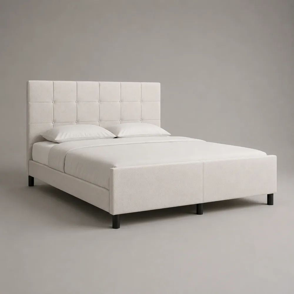 Polsterbett Doppelbett mit Bouclébezug, gestepptem Kopfteil, Metallbeinen und Lattenrost, Cremeweiß/Schwarz, 160 × 200 cm