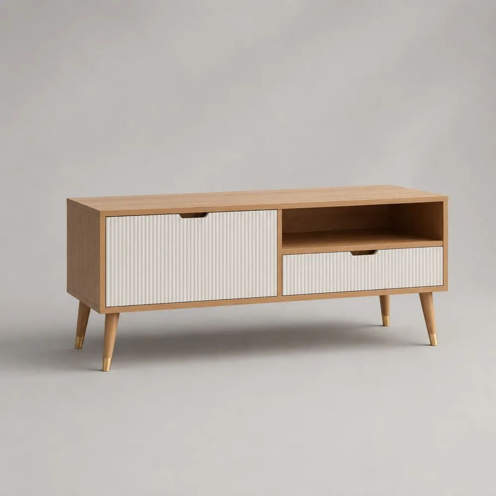 TV-Lowboard aus Spanplatte und MDF mit Stauraum, Eichenfarben/Weiß/Messingfarben, 120 × 40 × 60 cm