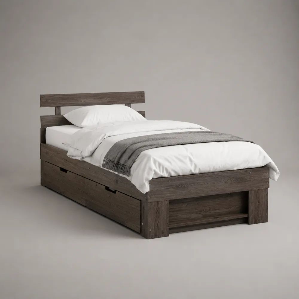 Einzel-Stauraumbett aus melaminbeschichteter Spanplatte mit 2 Schubladen, Dunkelbraun, 90 x 200 cm