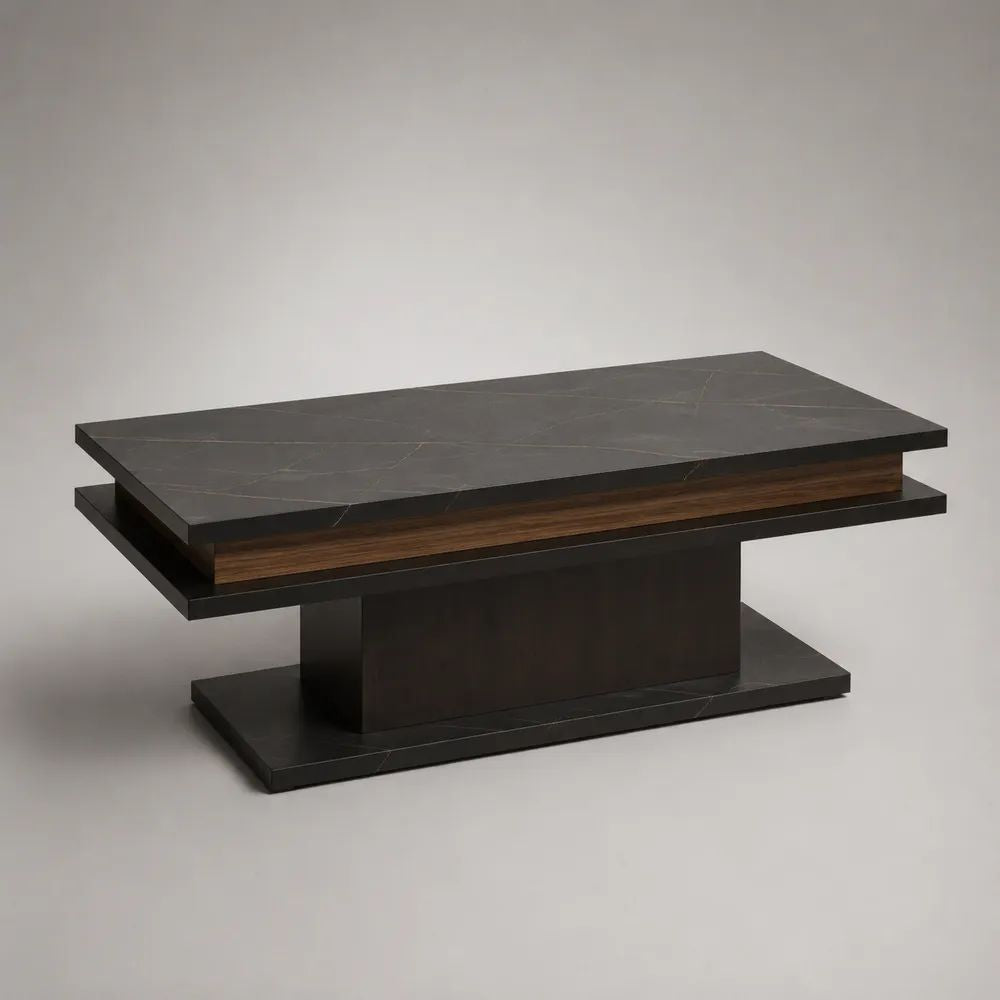 Rechteckiger Couchtisch aus MDF in Marmoroptik mit Ablage, Schwarz/Walnussbraun, 120 × 60 × 45 cm
