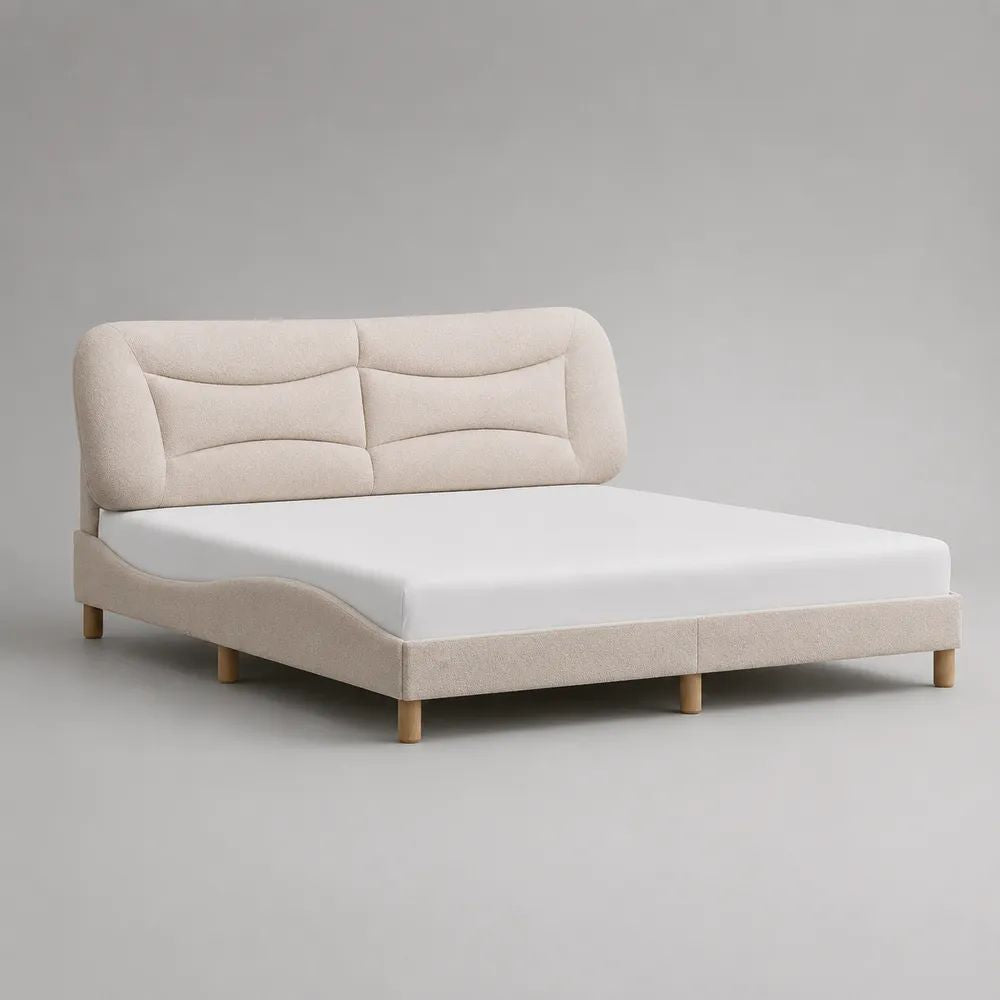 Polsterbett 160 x 200 cm mit Lattenrost und gepolstertem Kopfteil, Polyester-Bouclé, Beige, Massivholzfüße