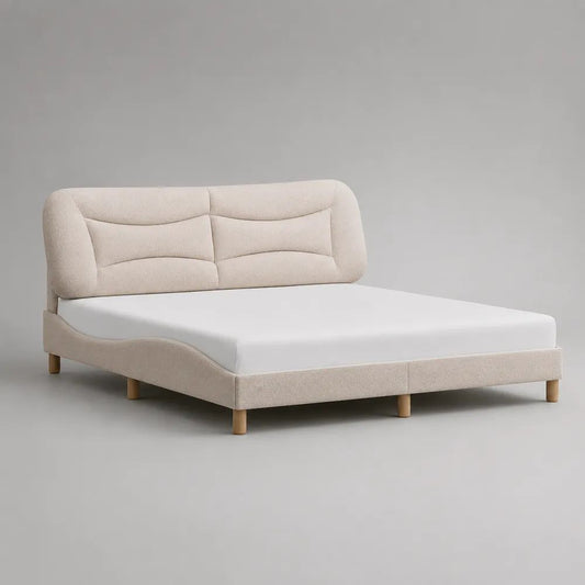 Polsterbett 160 x 200 cm mit Lattenrost und gepolstertem Kopfteil, Polyester-Bouclé, Beige, Massivholzfüße
