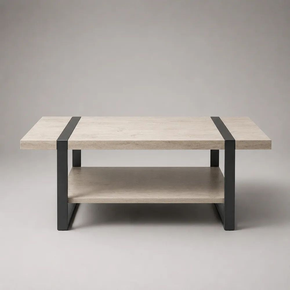 Rechteckiger Couchtisch mit Ablage aus melaminharzbeschichteter Spanplatte und Stahl, Beige/Schwarz, 110 × 60 × 45 cm
