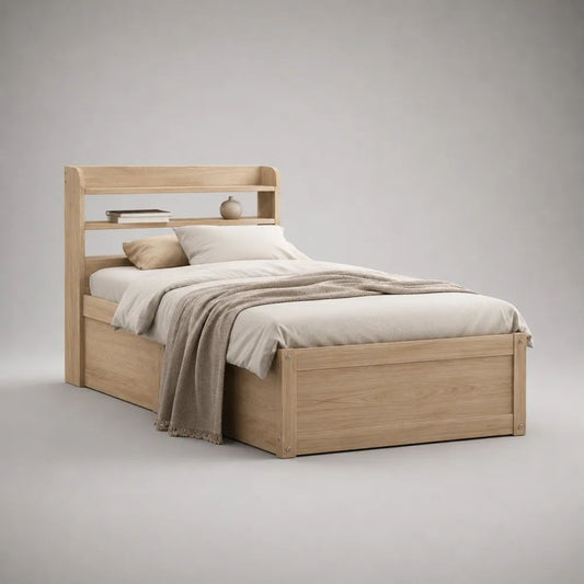 Bettgestell 140 × 200 cm mit Regal-Kopfteil, Kiefer-Massivholz und Spanplatte, Eiche Natur
