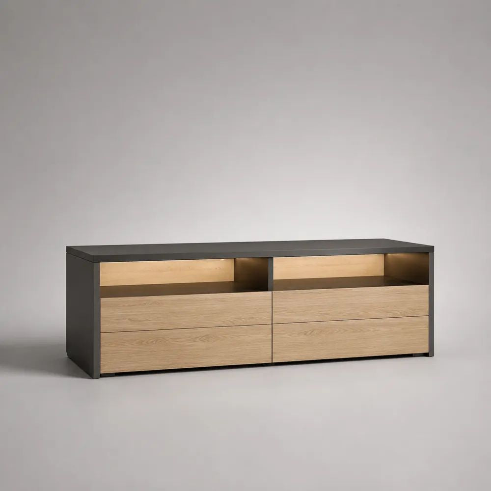 TV-Lowboard aus Spanplatte und Eichenfurnier mit 4 Schubladen, 2 offenen Fächern und LED-Beleuchtung, Anthrazit/Eiche Natur, 180 × 40 × 60 cm