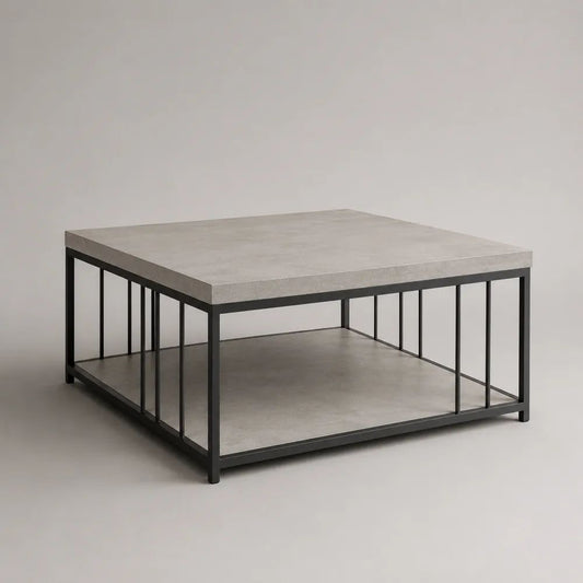 Quadratischer Couchtisch mit Ablage, MDF in Betonoptik und schwarzem Stahlgestell, 80 × 80 × 45 cm
