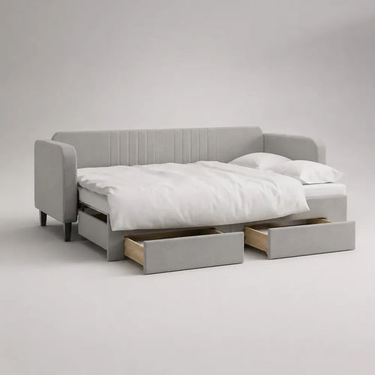 Graues Schlafsofa mit Ausziehbett und 3 Schubladen, Polyesterbezug, 218 × 98–188 × 88 cm, Liegefläche 90–180 × 200 cm