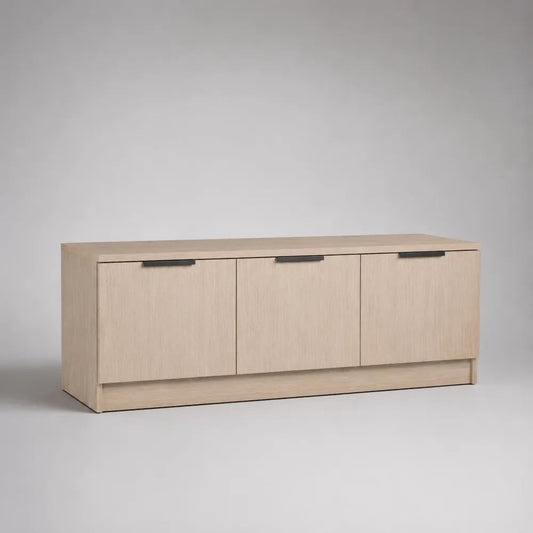 TV-Lowboard mit 3 Türen aus melaminbeschichteter Spanplatte, Eiche hell/Schwarz, 160 × 40 × 65 cm