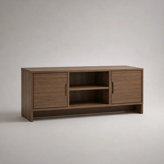TV-Lowboard aus melaminbeschichteter Spanplatte mit 2 Türen und 2 offenen Fächern, Walnussbraun/Dunkelbraun, 140 × 40 × 55 cm