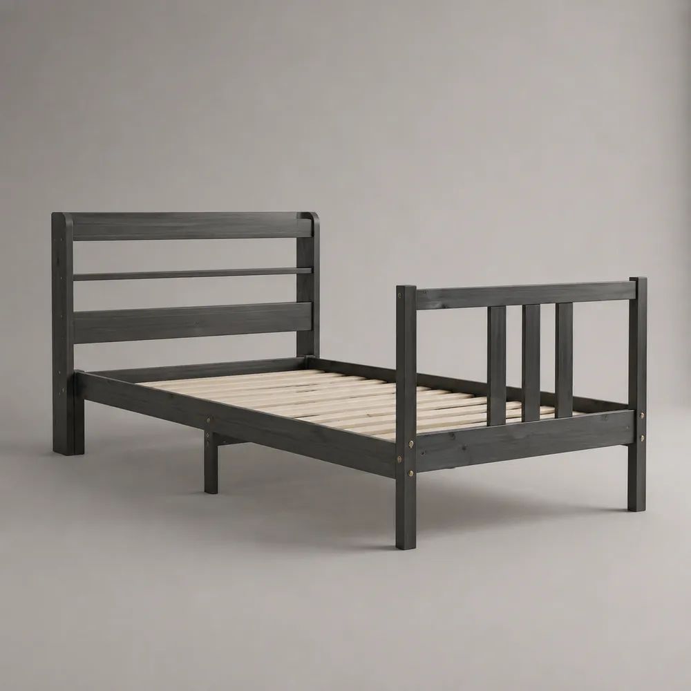 Einzelbett-Bettgestell aus massivem Kiefernholz mit Lattenrost, Schwarz/Natur, 90 × 200 cm