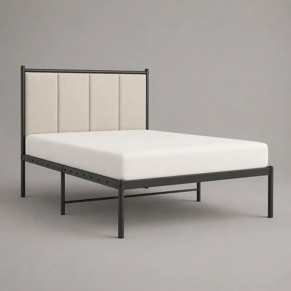 Metallbett mit gepolstertem Kopfteil, Liegefläche 140 × 200 cm, Schwarz/Beige