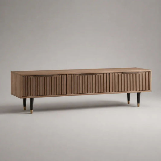 TV-Lowboard mit 4 Türen und Lamellenfront aus MDF mit Walnussfurnier, Walnussbraun/Schwarz/Messingfarben, 180 × 40 × 55 cm