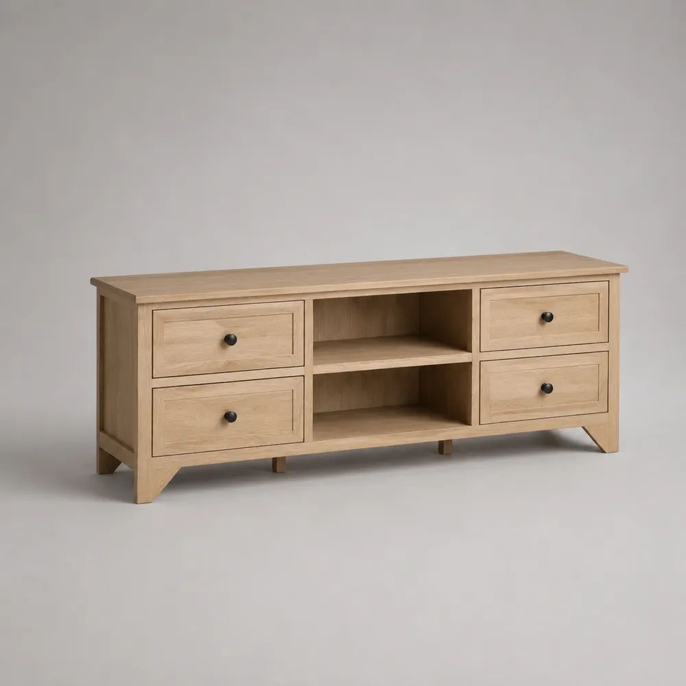 TV-Lowboard aus Holz mit 4 Schubladen und 2 offenen Fächern, Natur/Schwarz, 150 × 45 × 65 cm