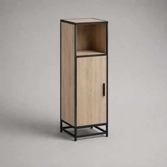 Rechteckiger Badezimmer-Hochschrank aus MDF und Stahl mit Tür und offenem Fach, Eiche Natur/Schwarz, 35 × 30 × 110 cm