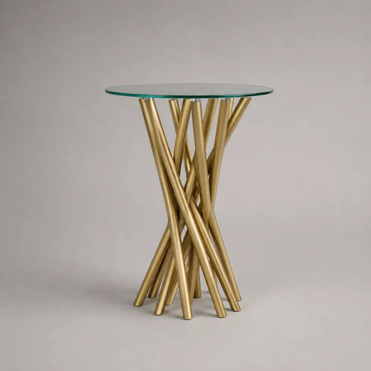 Runder Beistelltisch aus Glas mit goldenem Stahlgestell, 50 × 50 × 70 cm