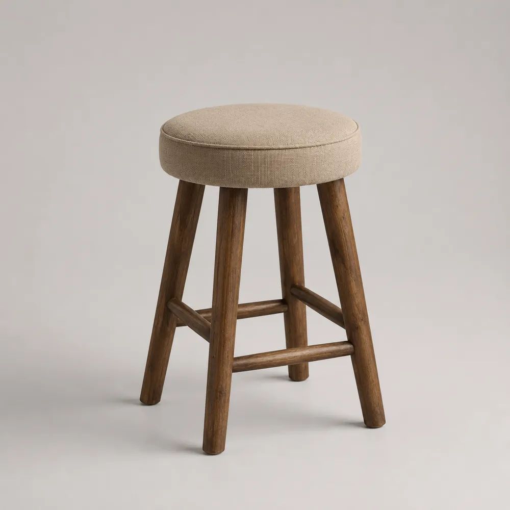 Barhocker ohne Lehne mit rundem Polstersitz, Massivholzgestell, Beige/Braun, 45 × 45 × 65 cm