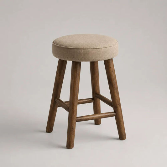 Barhocker ohne Lehne mit rundem Polstersitz, Massivholzgestell, Beige/Braun, 45 × 45 × 65 cm