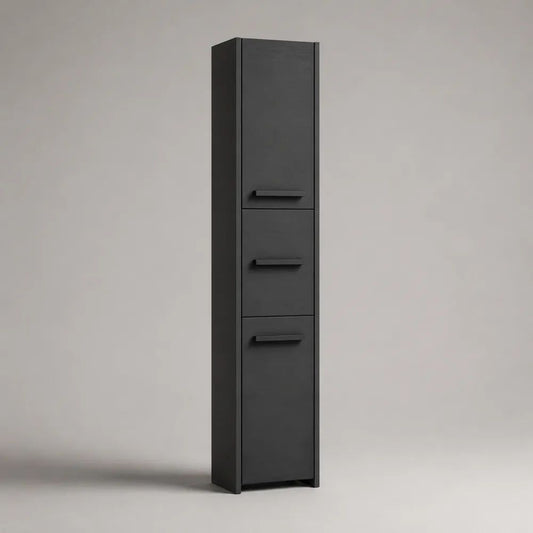 Badezimmer-Hochschrank mit 3 Türen aus melaminbeschichteter Spanplatte, Schwarz, 30 × 30 × 180 cm