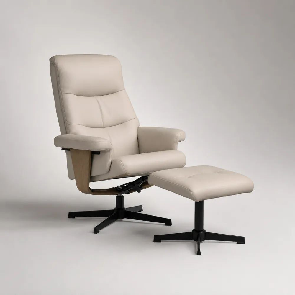 2-teiliges Relaxsessel-Set mit Hocker, drehbar und neigbar, hohe Rückenlehne, PU-Kunstleder und Stahl, Creme, Sessel 78 × 82 × 105 cm, Hocker 49 × 43 × 42 cm