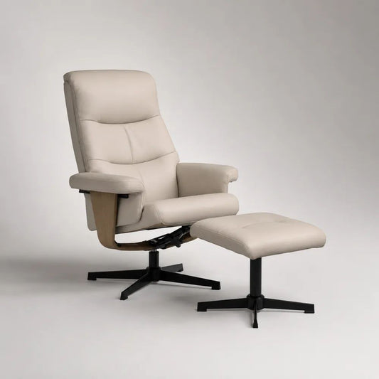 2-teiliges Relaxsessel-Set mit Hocker, drehbar und neigbar, hohe Rückenlehne, PU-Kunstleder und Stahl, Creme, Sessel 78 × 82 × 105 cm, Hocker 49 × 43 × 42 cm