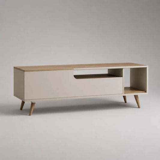 TV-Lowboard aus MDF und Gummibaum-Massivholz mit Klappe und offenen Fächern, Greige/Natur, 140 × 40 × 55 cm