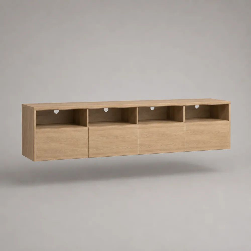 Wandhängendes TV-Lowboard aus Spanplatte mit Eiche-Dekor, 4 Klappen, 4 offenen Fächern und Kabeldurchlässen, Hellbraun, 200 × 35 × 45 cm