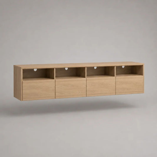 Wandhängendes TV-Lowboard aus Spanplatte mit Eiche-Dekor, 4 Klappen, 4 offenen Fächern und Kabeldurchlässen, Hellbraun, 200 × 35 × 45 cm