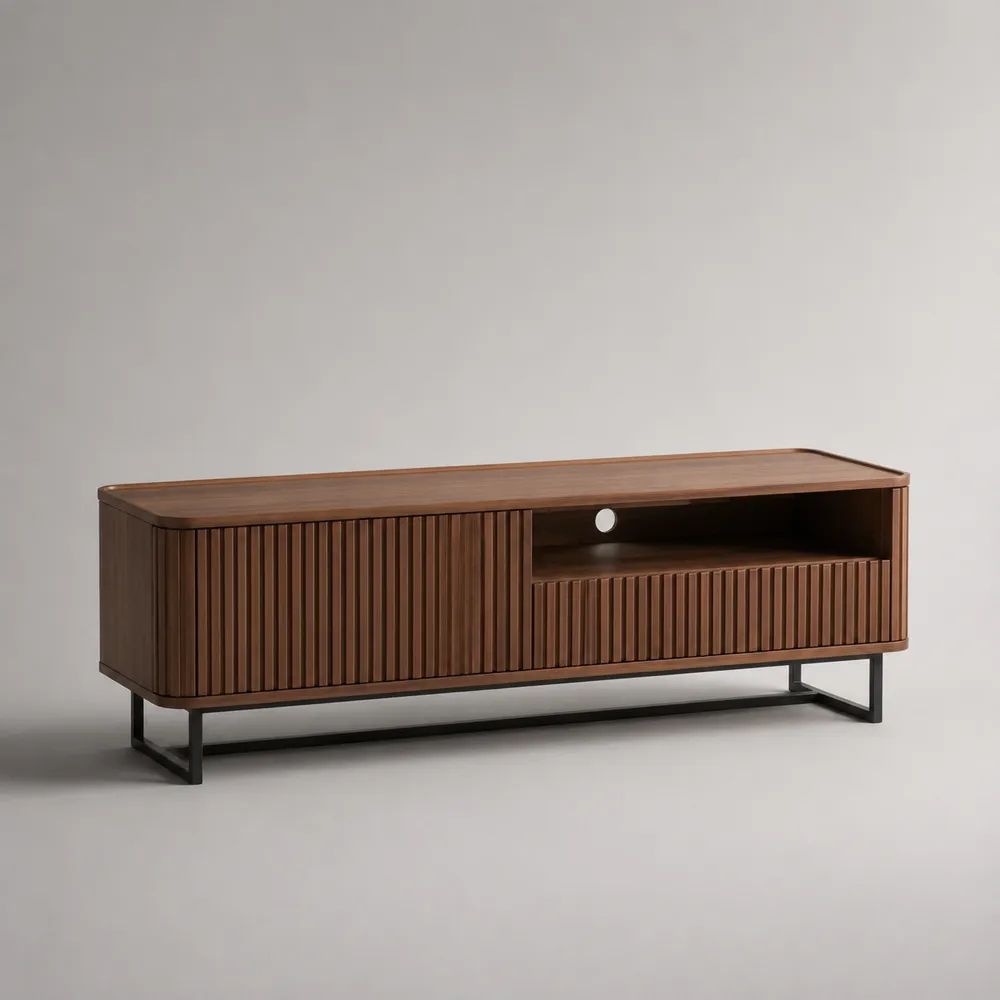 TV-Lowboard aus Holz und Metall mit Lamellenfront und Kabelführung, Walnussbraun/Schwarz, 160 × 40 × 55 cm